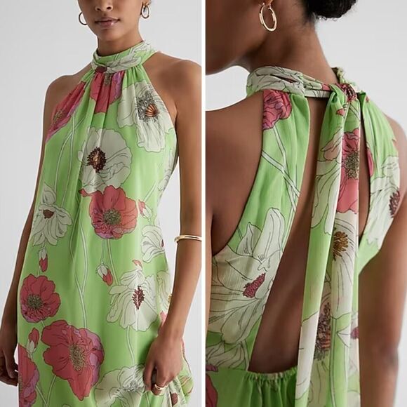 New! Express Floral Print Tie Halter Neck Open Back Maxi Dress, size L - Picture 5 of 16